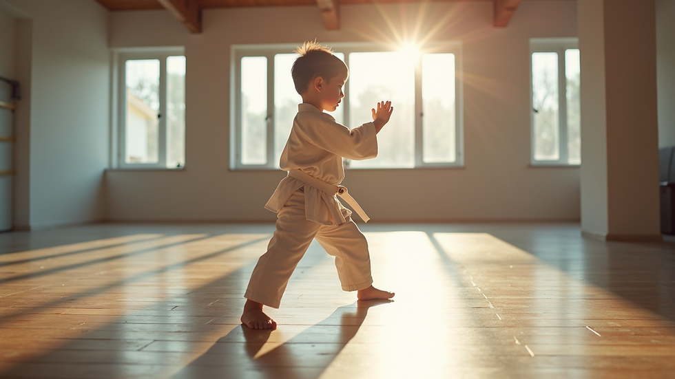 Eye-level view of a young child practicing karate stance in a bright dojo