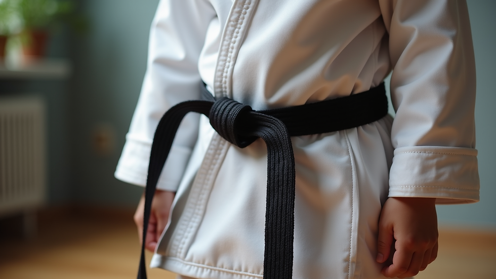 Close-up view of a karate belt tied around a child's waist