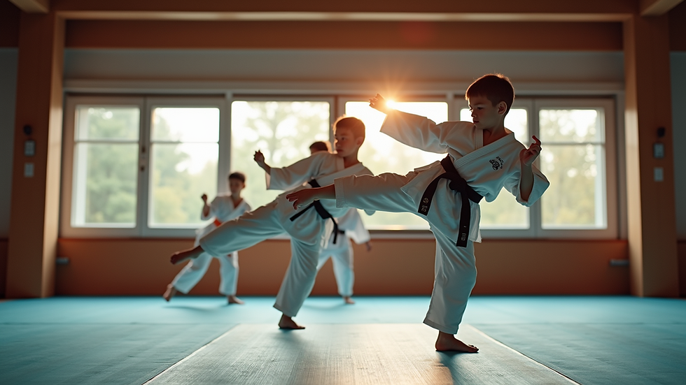 Eye-level view of a karate dojo with children practicing kicks
