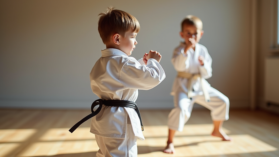 Close-up view of a child practicing karate stance in a bright dojo