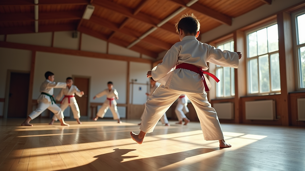 Eye-level view of a martial arts dojo with children practicing kicks