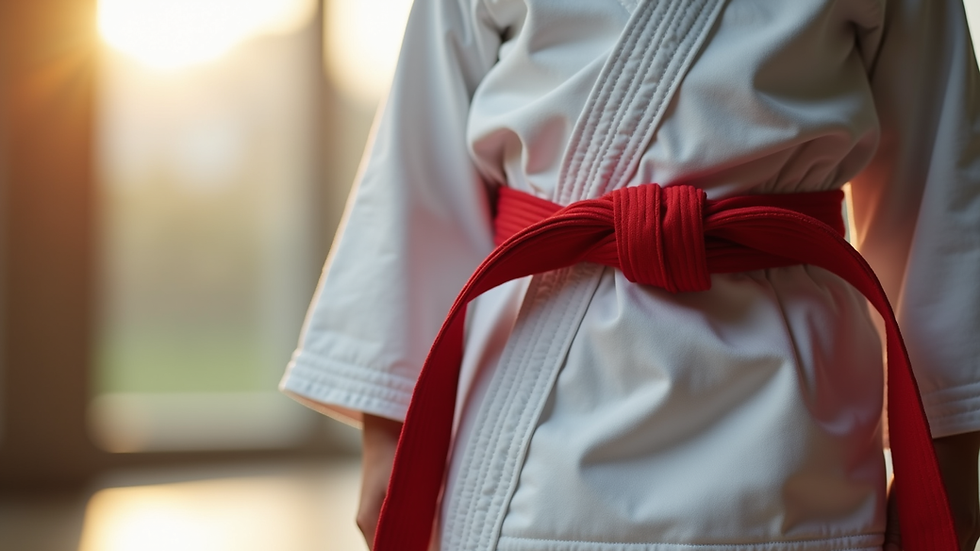 Eye-level view of a karate belt tied neatly around a child’s waist