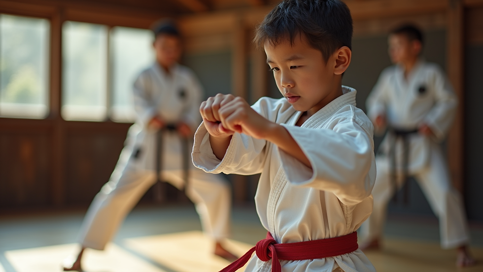 Eye-level view of a young karate student practicing a focused punch in a dojo