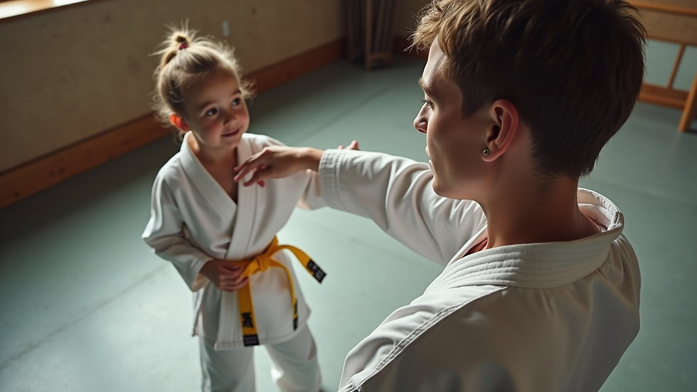 High angle view of a karate instructor guiding a young student during a training session