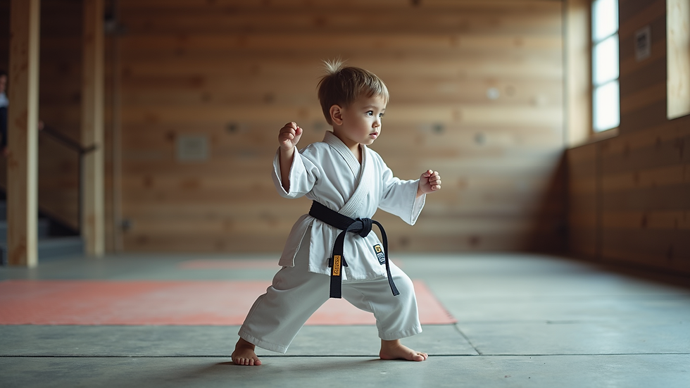 Close-up view of a young child practicing a karate stance on a padded floor