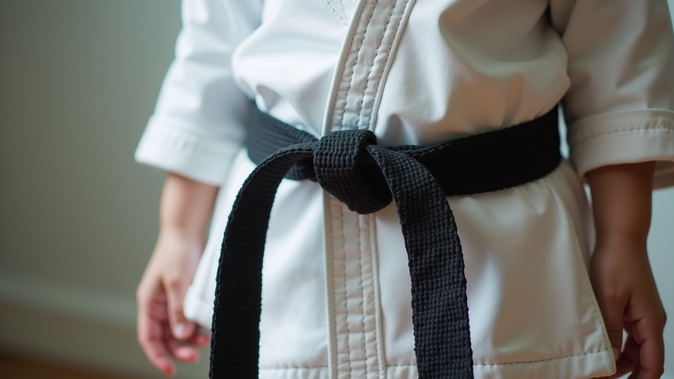 Close-up view of a karate belt tied neatly around a child’s waist