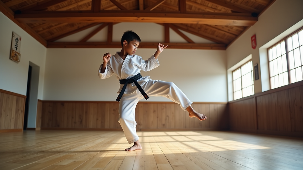Eye-level view of a young karate student practicing a high kick in a dojo