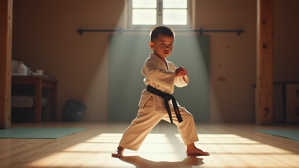 Eye-level view of a young child practicing karate stance in a dojo