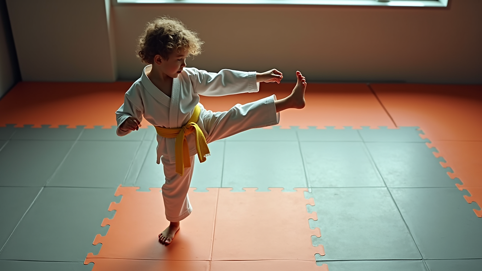 High angle view of a child practicing karate kicks on a mat