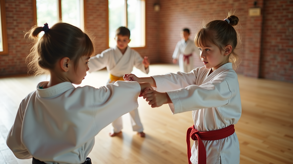 High angle view of a group of children practicing karate together in a bright dojo