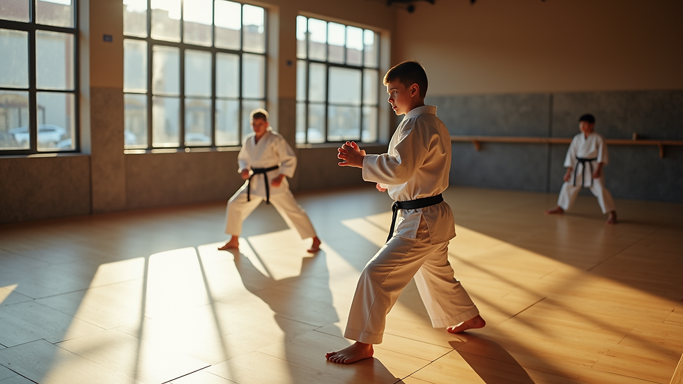High angle view of a young karate student practicing kata in a spacious Calgary dojo