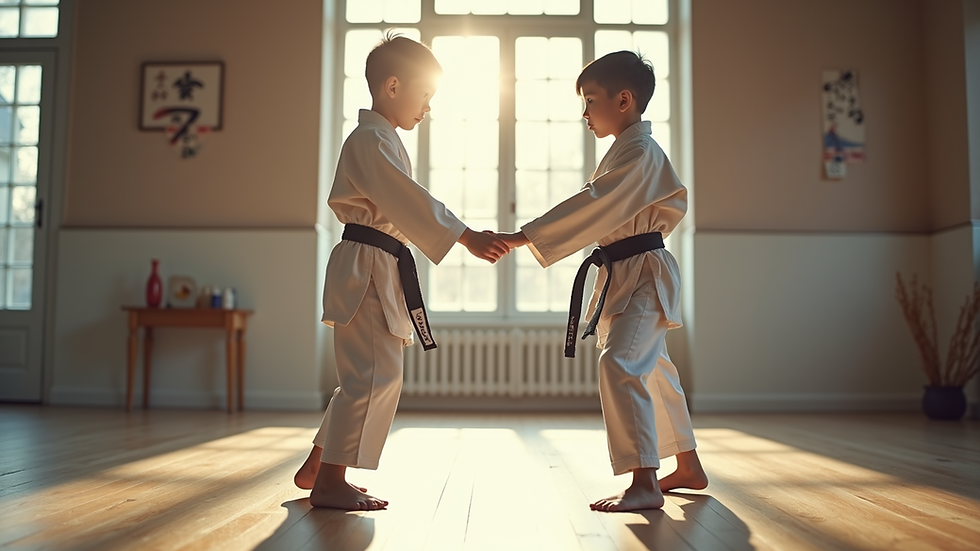 High angle view of a child practicing karate punch in a bright dojo