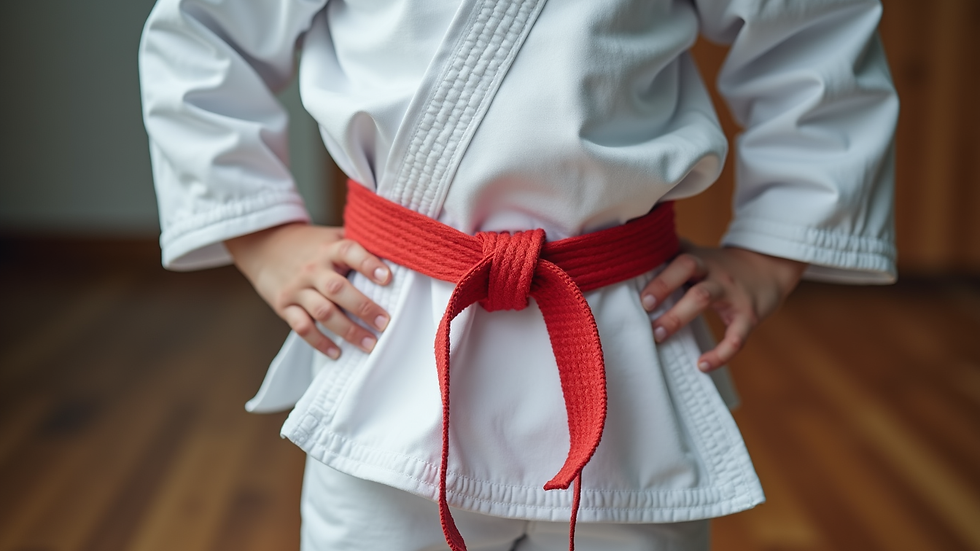 Close-up view of a karate belt tied neatly around a child’s waist