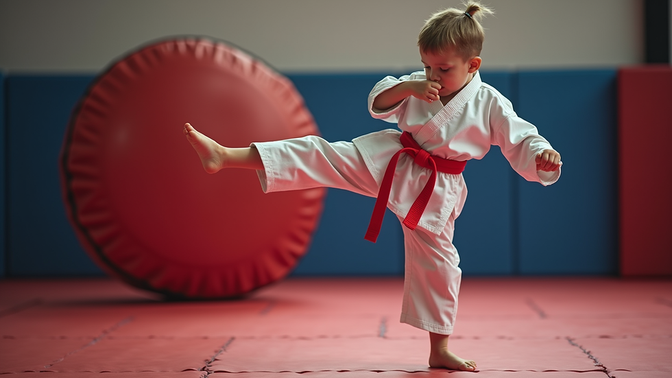 Close-up view of a child practicing a karate kick on a padded target