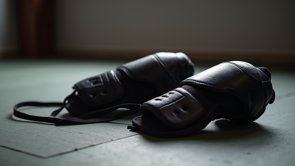 Close-up view of martial arts protective gear laid out on a mat