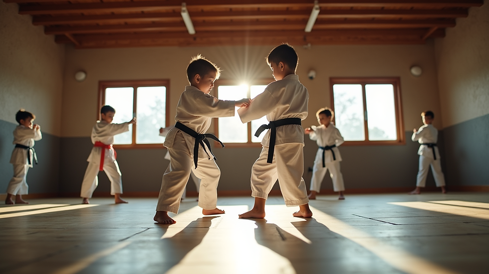 Eye-level view of a karate dojo with children practicing punches