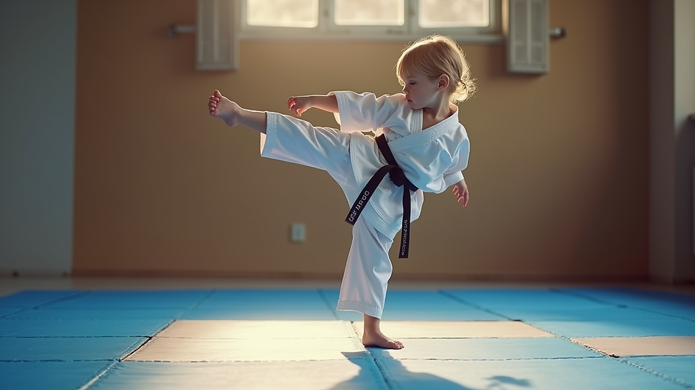 Close-up view of a child practicing a karate kick on a mat
