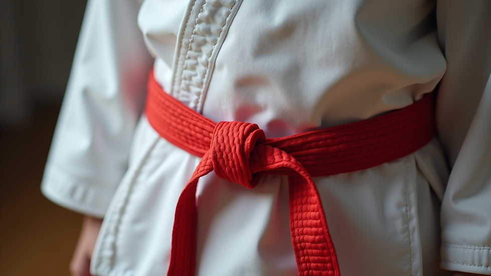 Close-up view of a karate belt tied around a child’s waist