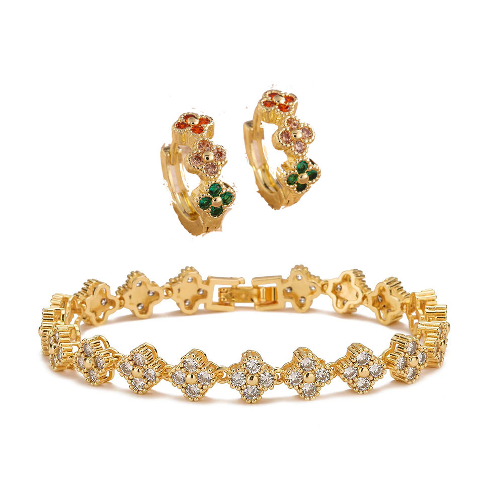 Thumbnail: ZAKOL 2pcs/Set Colorful Random Zircon Flowers Bracelet Earring Set for Women Lux