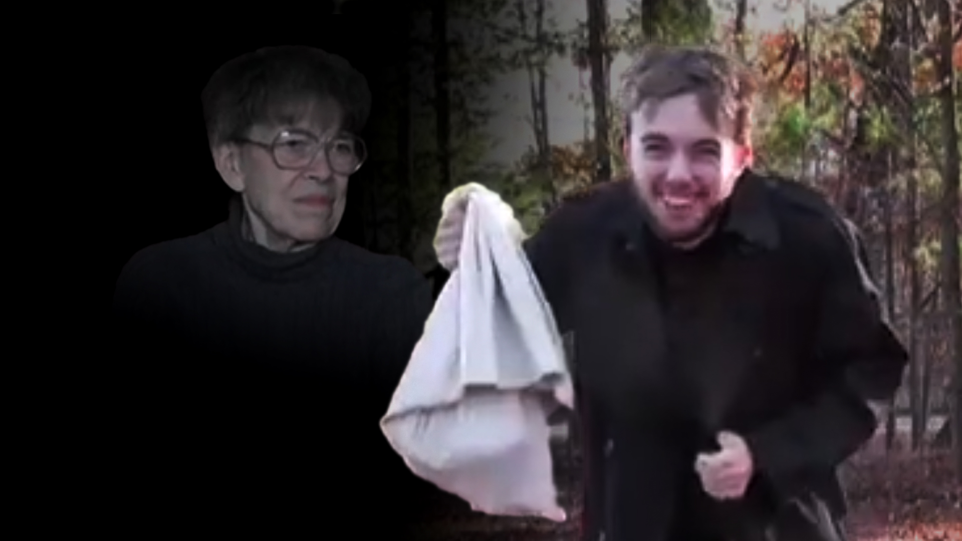 joyous thief holding bag of stolen goods with ominous reclusive lady in shadows
