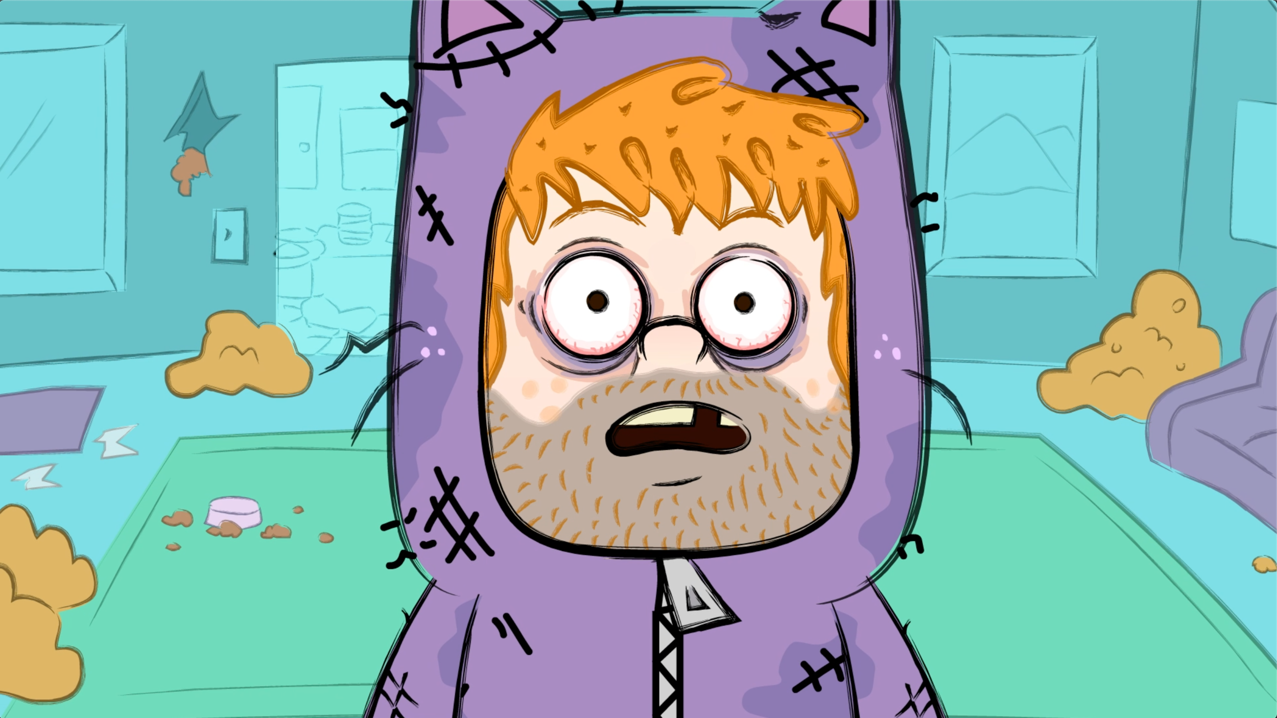 disheveled man in cat pajamas animated