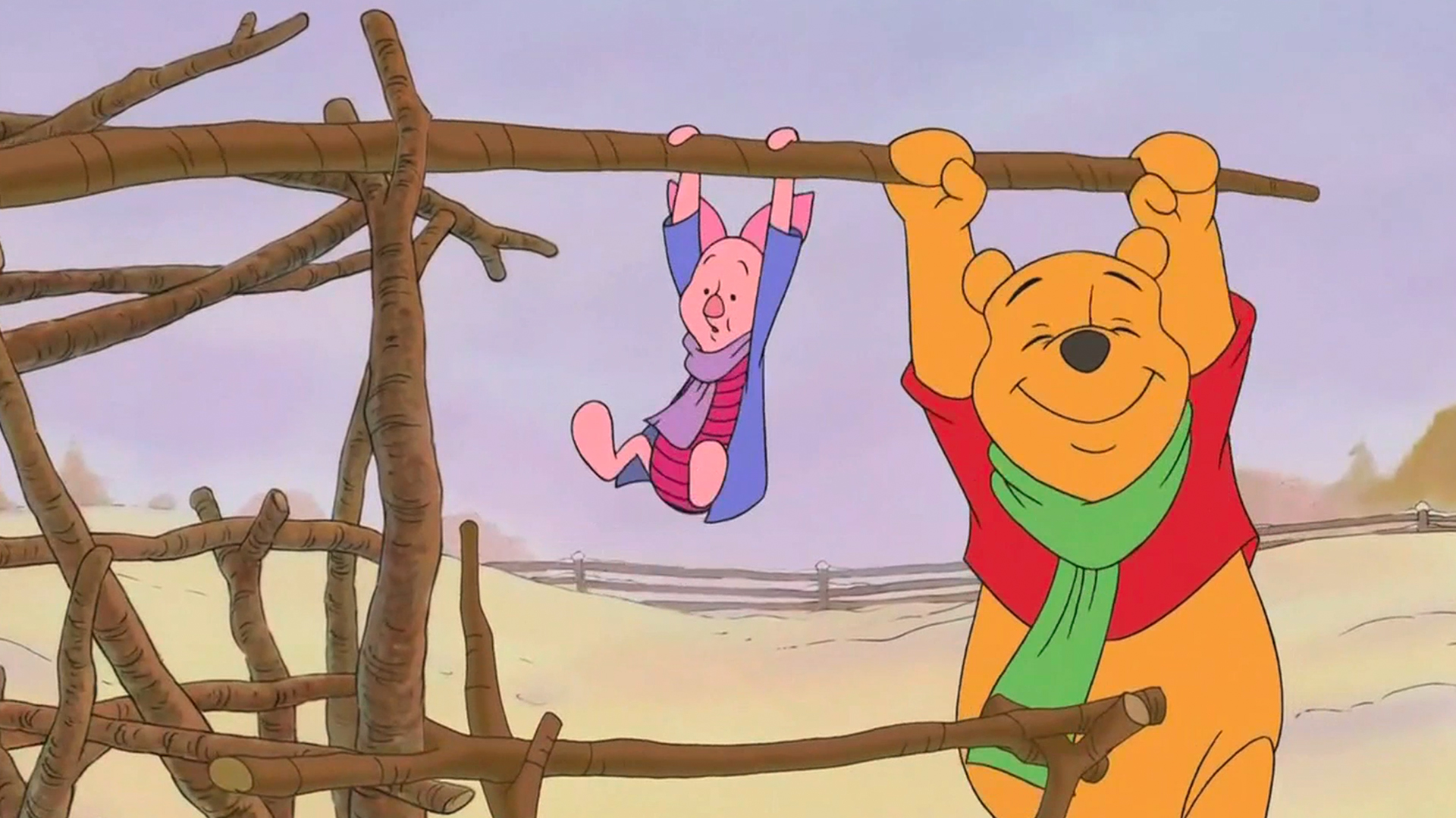 Piglet dangling from branch on crude house that Pooh holds obliviously