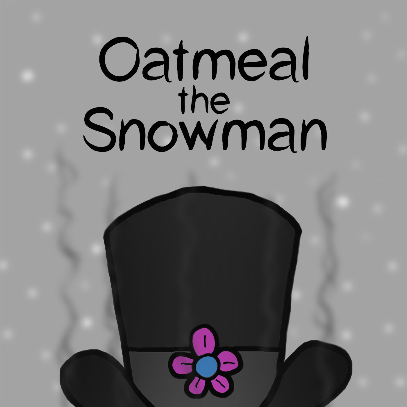 Oatmeal the Snowman book cover with pink flower top hat and multiple trails of cigarette smoke over snowfall backdrop