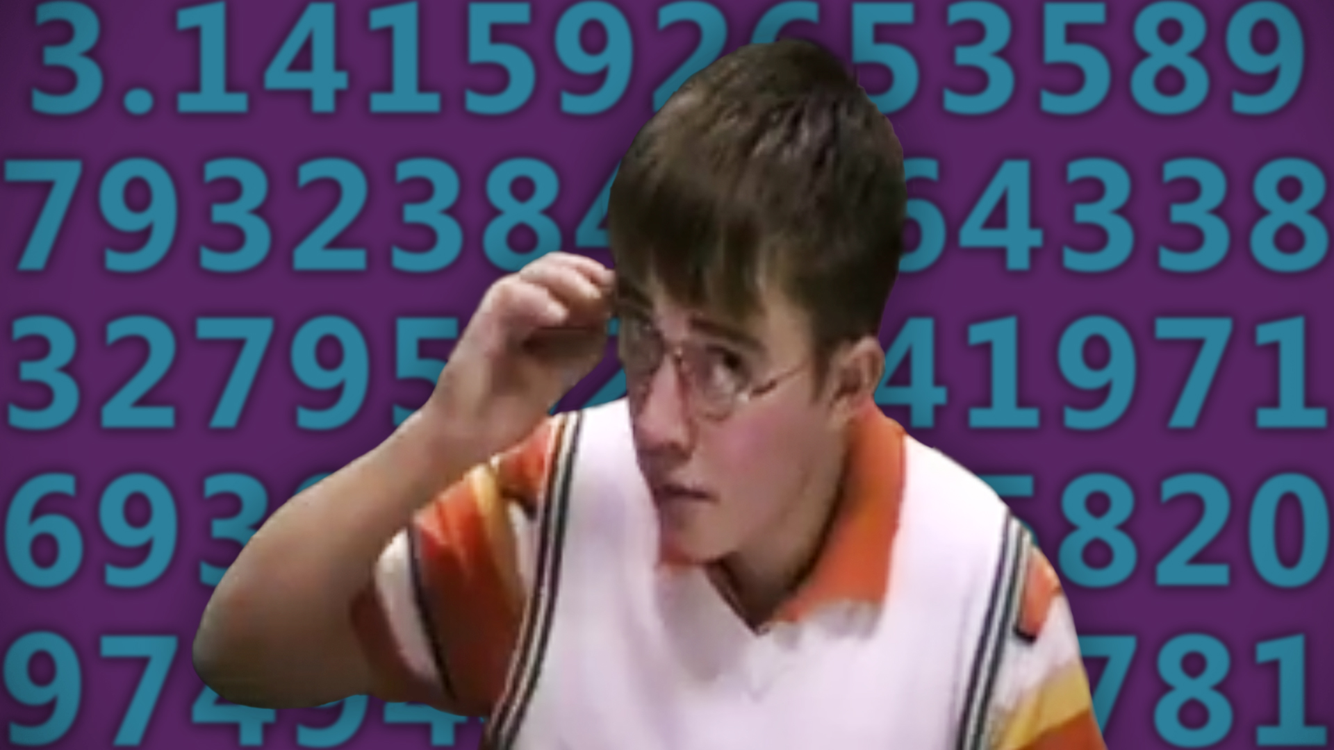 nerdy boy in sweater vest adjusting glasses with digits of pi background
