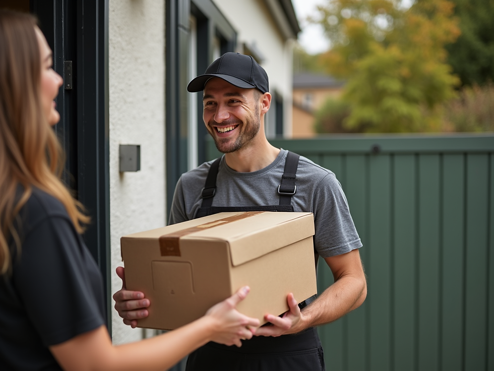 A friendly delivery person handing a well-packaged meal box to a smiling recipient at thei
