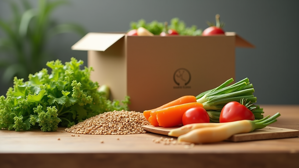 Eye-level view of a fitness meal delivery box with fresh vegetables and grains
