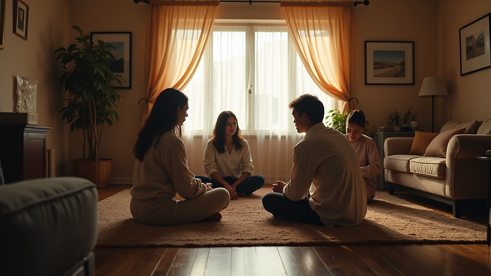 Eye-level view of a cozy room with a small group sitting in a circle for support