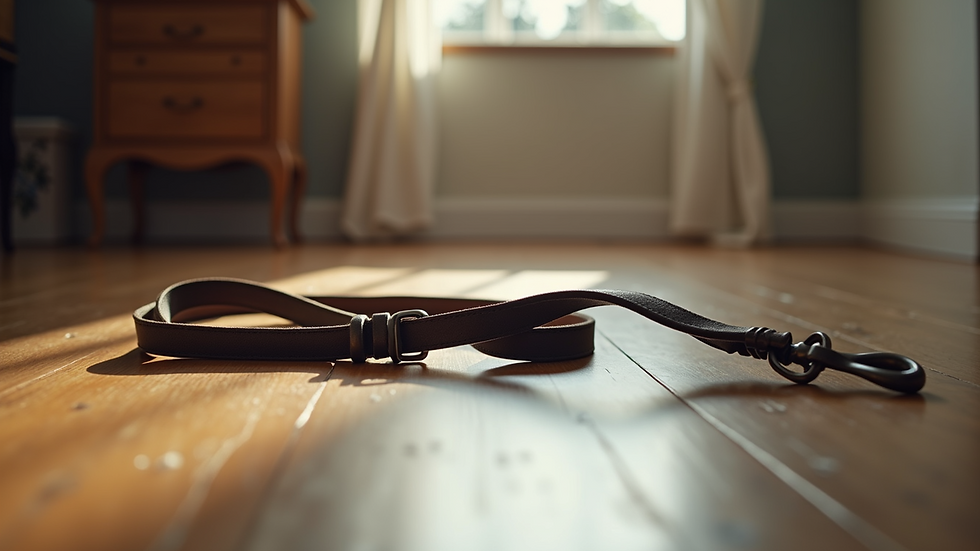 High angle view of a dog leash and collar on a wooden floor