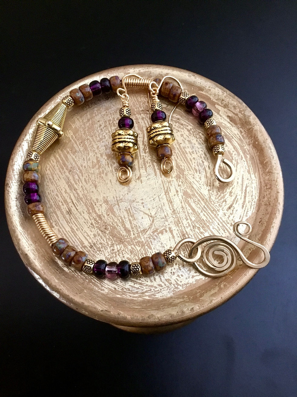 Thumbnail: Goldenrod-Purple Marrakesh Handcrafted Bracelet and Earrings (Set)