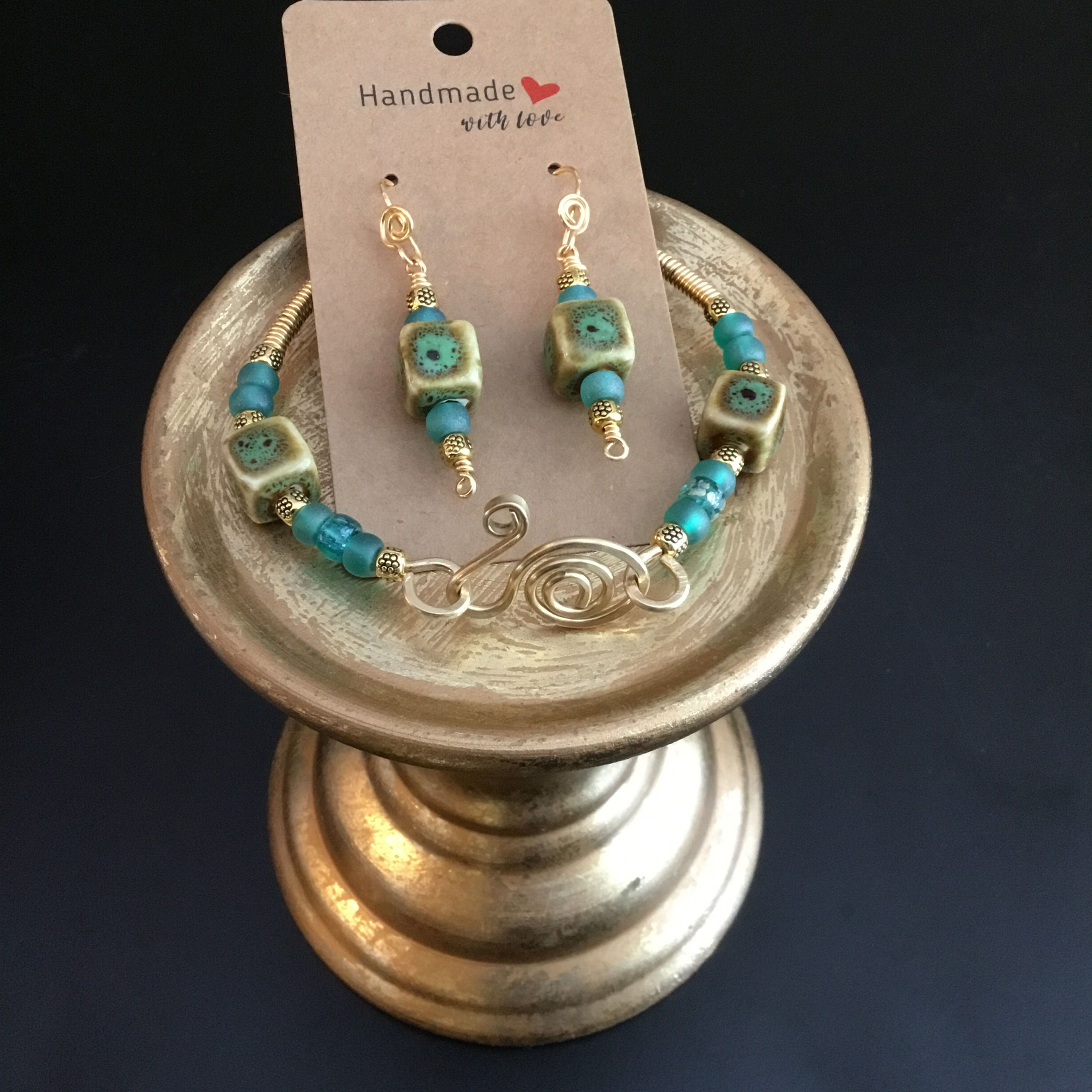 Green Cubism Handcrafted Bracelet and Earrings (Set)