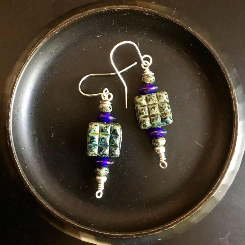 Thumbnail: Blue-Green Mossy Square Handcrafted Earrings