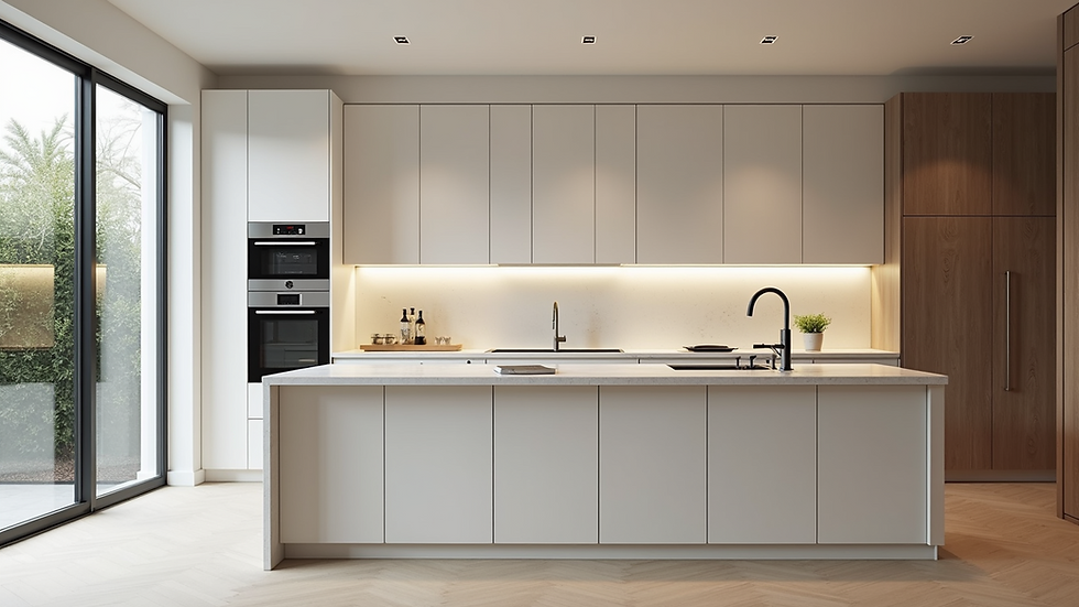 Eye-level view of a beautifully remodeled kitchen with modern cabinetry and countertops