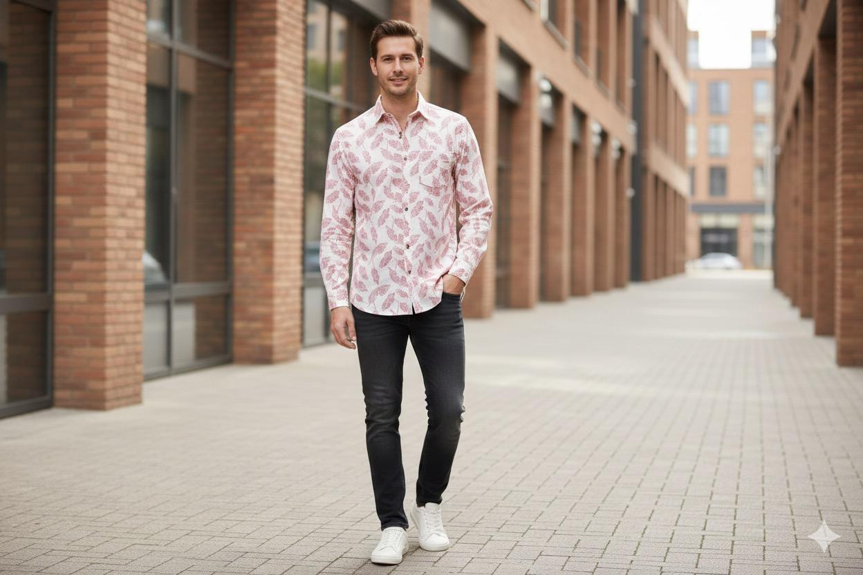 Men White Custom Fit Printed Full Sleeves Casual Shirt