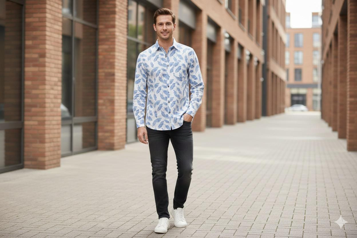 Men Blue Custom Fit Printed Full Sleeves Casual Shirt