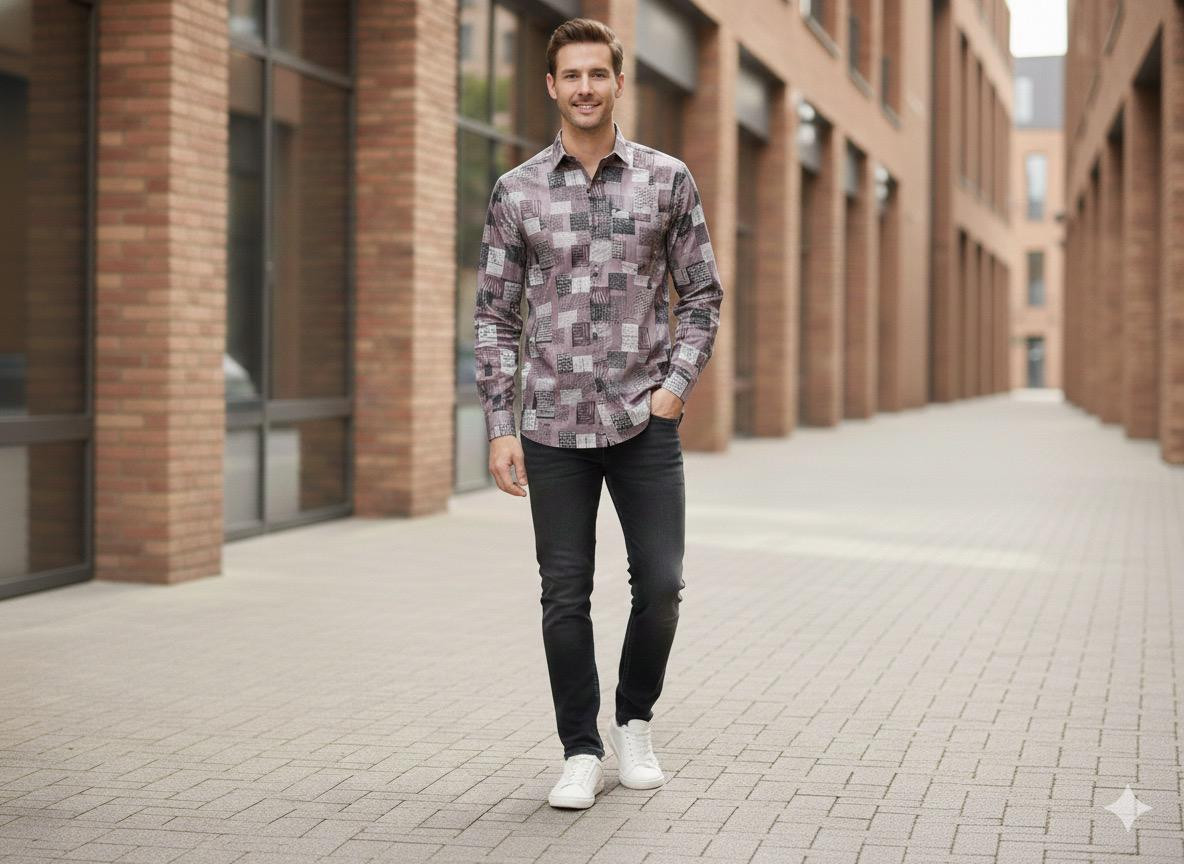 Men Brown Custom Fit Printed Full Sleeves Casual Shirt