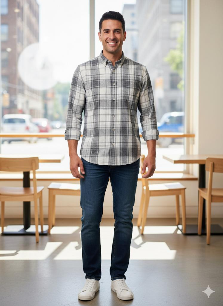 Men Grey Custom Fit Checked Full Sleeves Casual Shirt