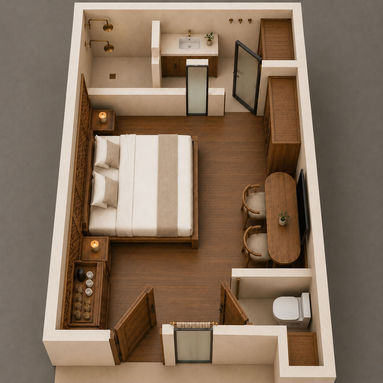 Concept render: Mahogany Room 3D floor plan with bed and desk. Final design may vary.