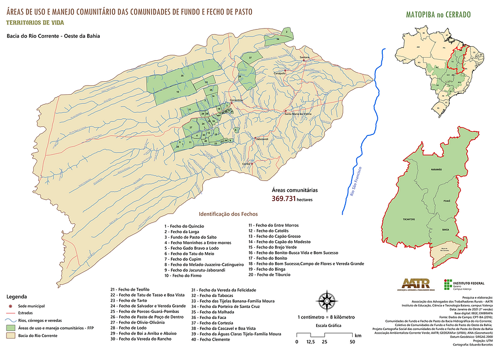 Mapa 1 - Bacia do rio Corrente e áreas de uso e manejo comunitário das comunidades de fund