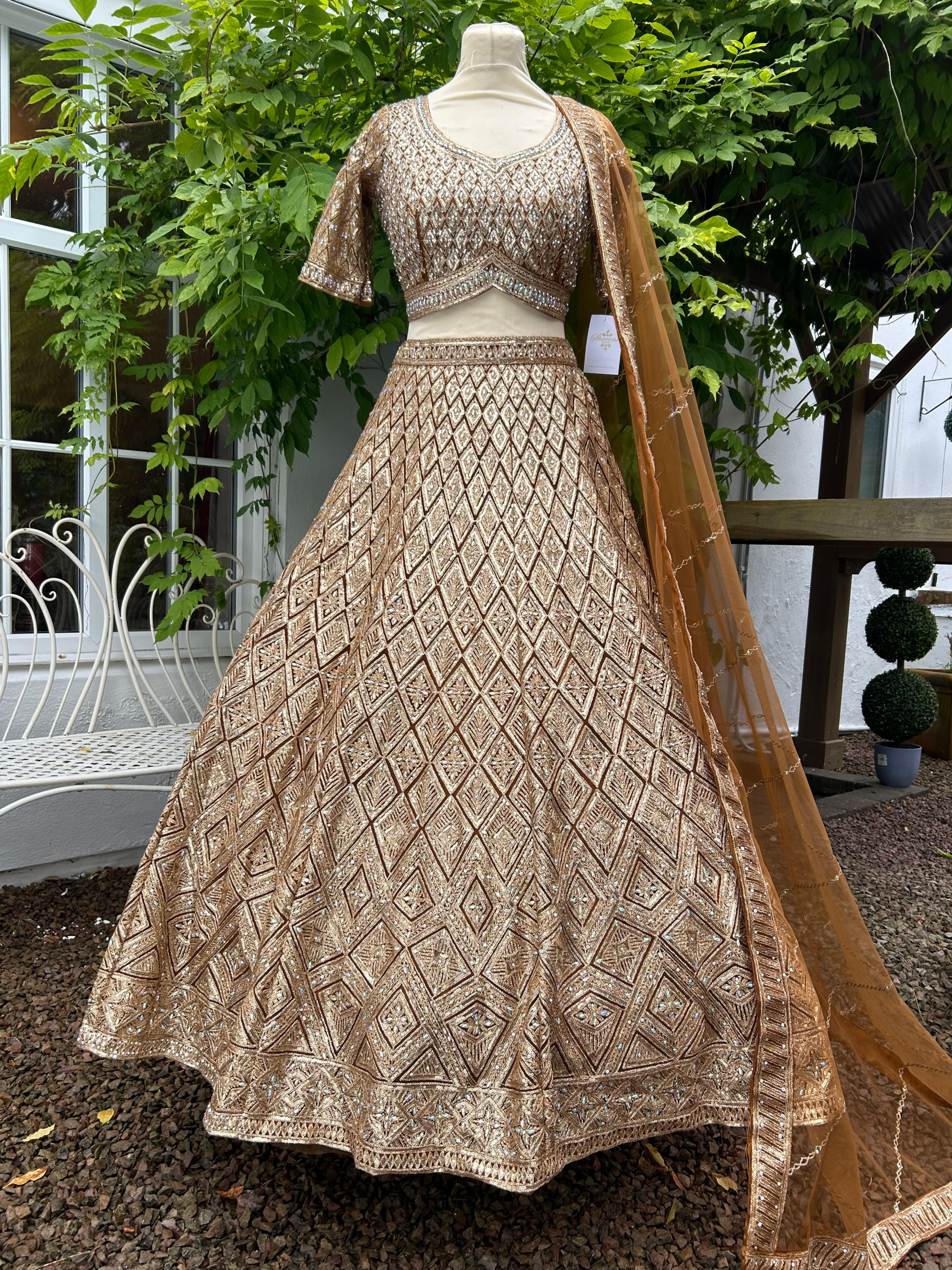 Heavy gold with thread work diamanté lengha choli with full net Jaal dupatta 