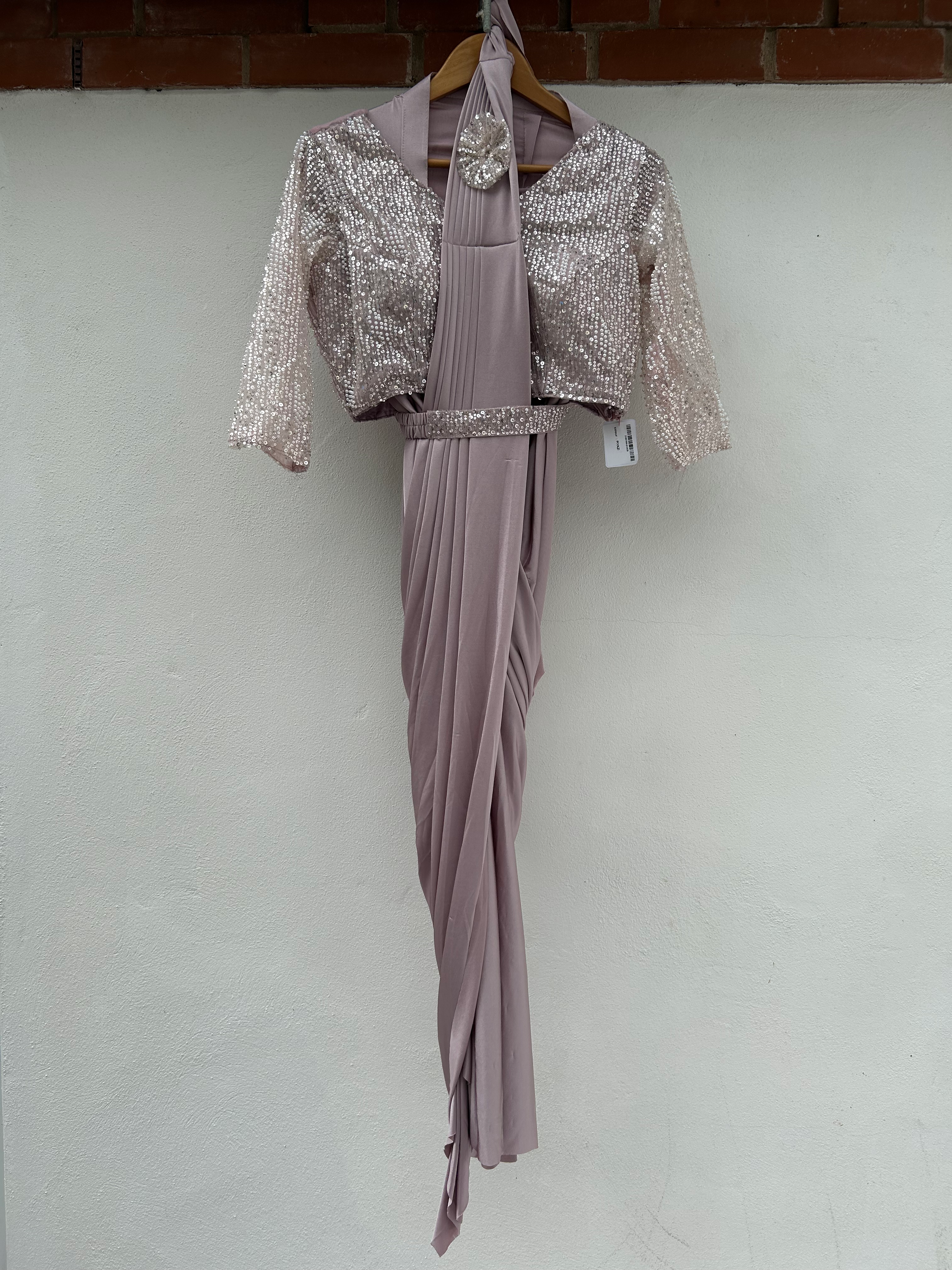 Long sleeve sequin/pearl net blouse with lycra ready pleated/draped saree