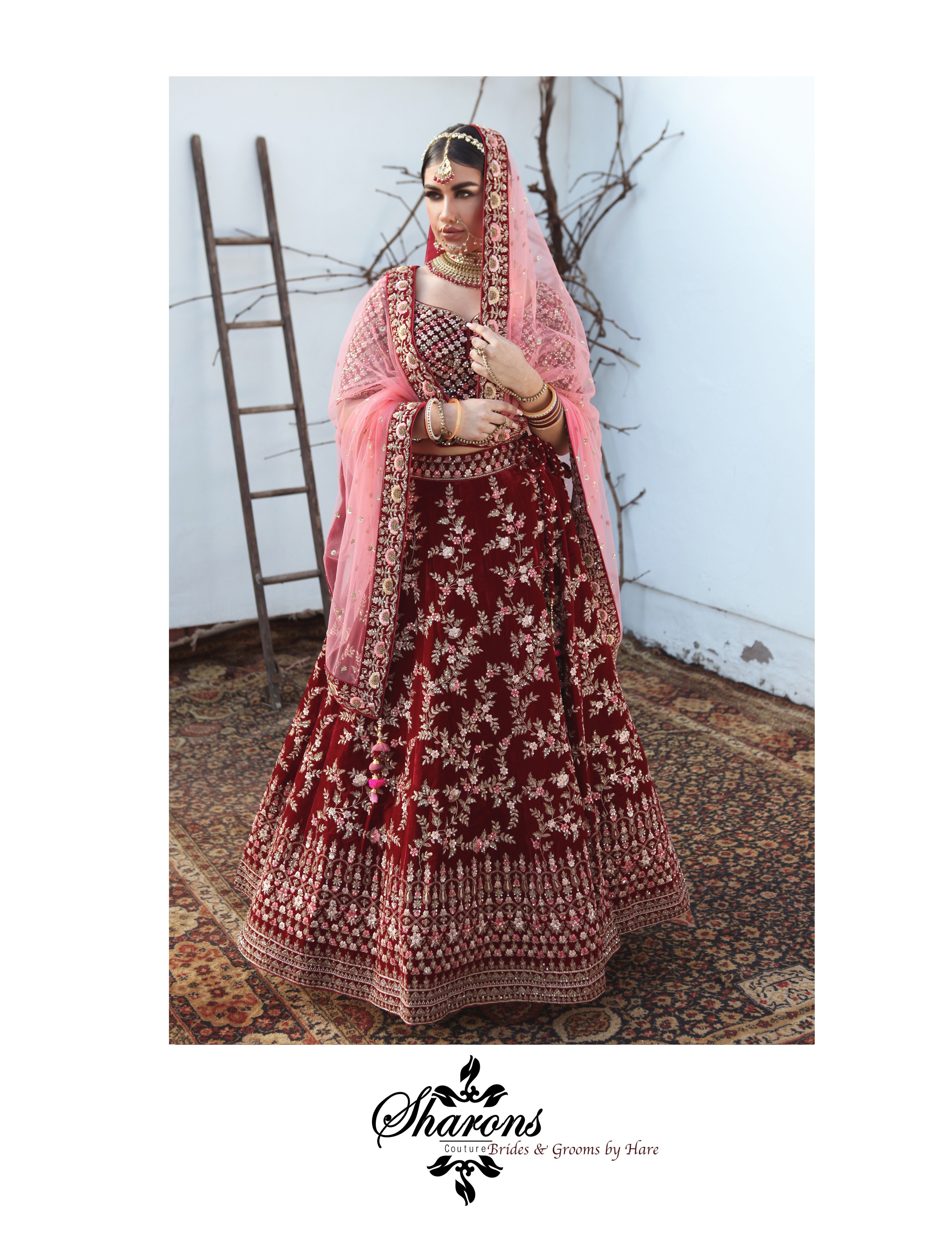 950 Bridal Velvet Lengha/Choli with Contrast Pink Dupatta 