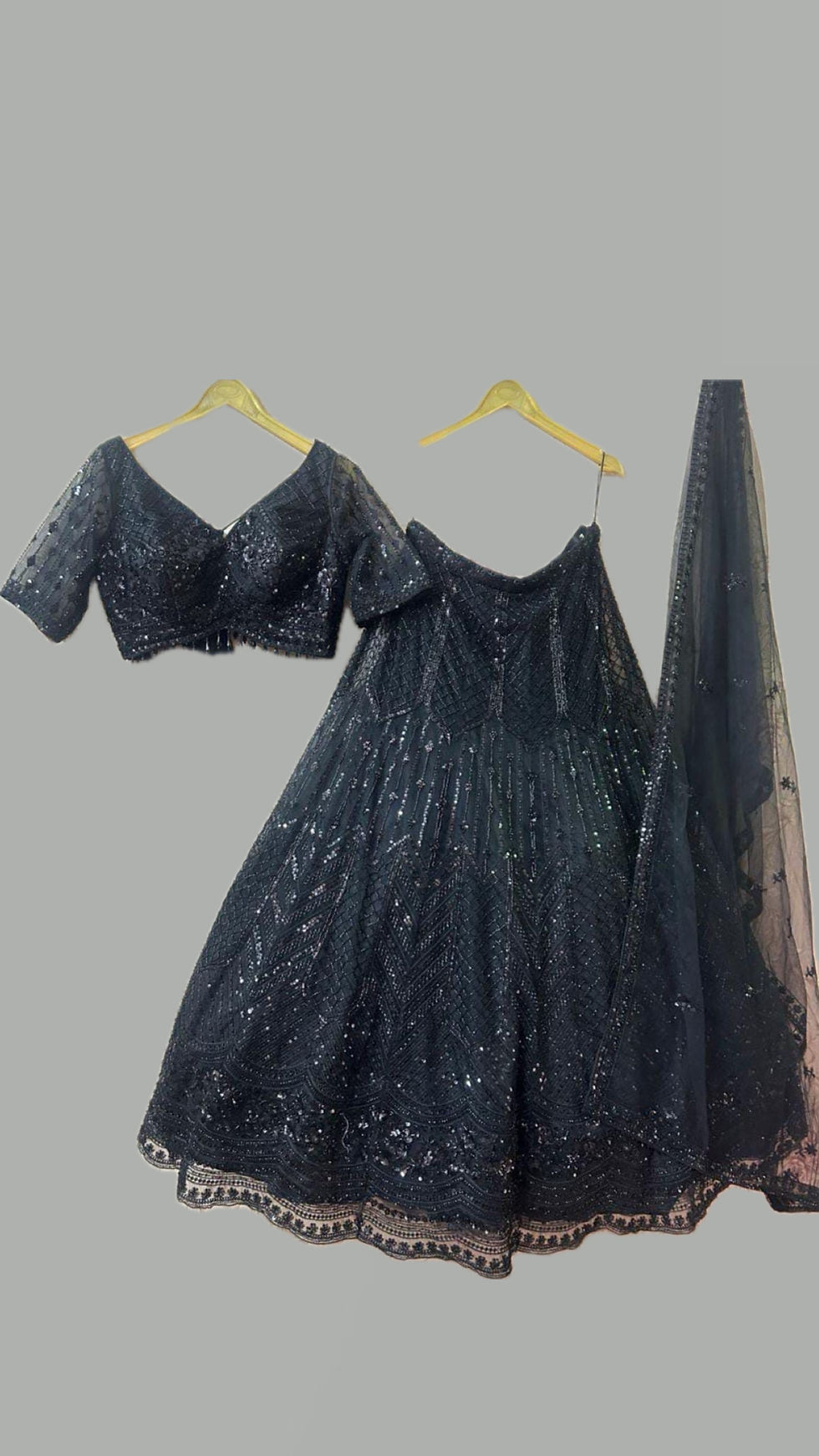 Thumbnail: Heavy sequin & beadwork colour on colour net lengha choli with full dupatta 
