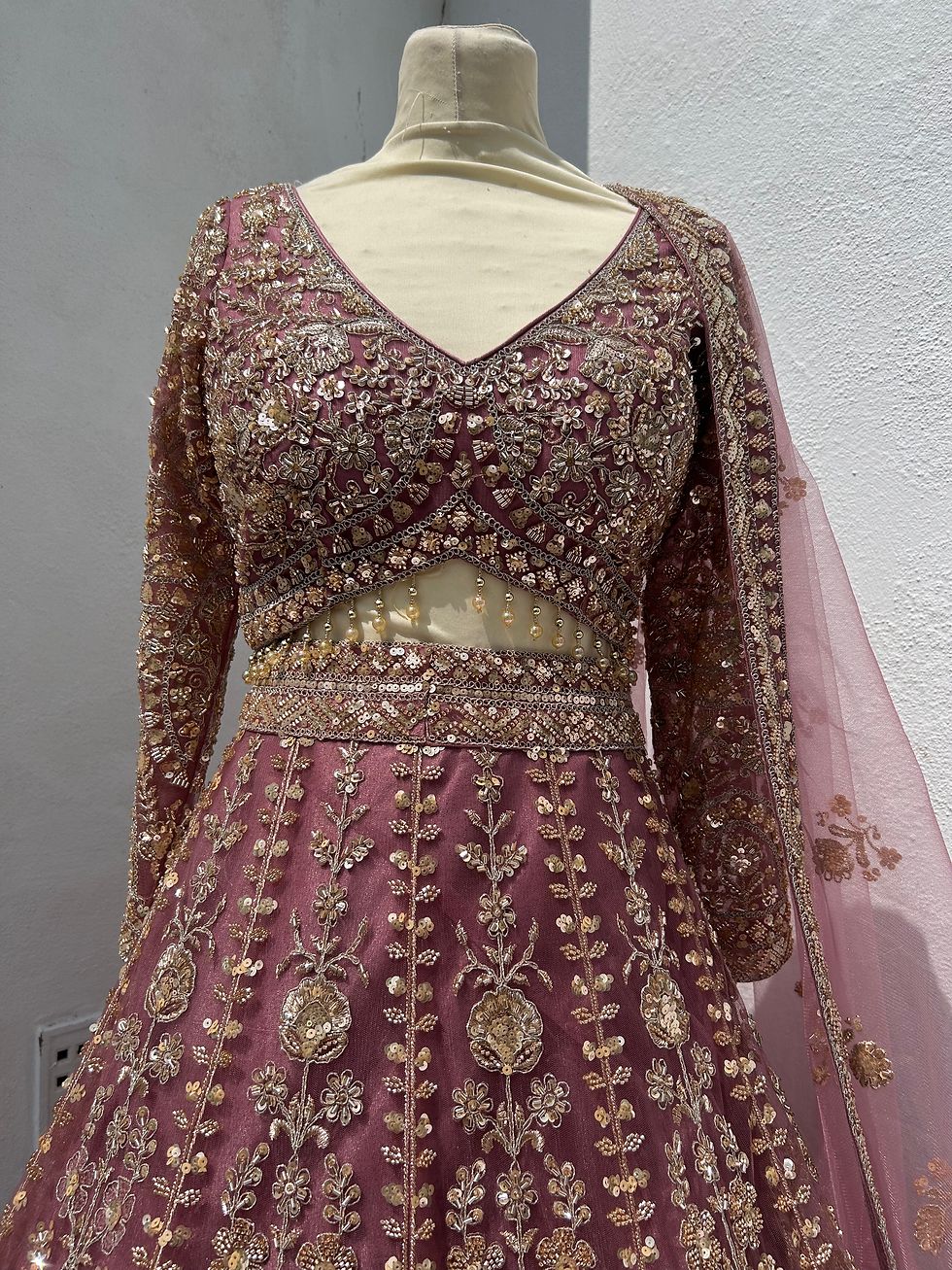 Thumbnail: Heavy gold sequin/beadwork embroidery lengha choli 