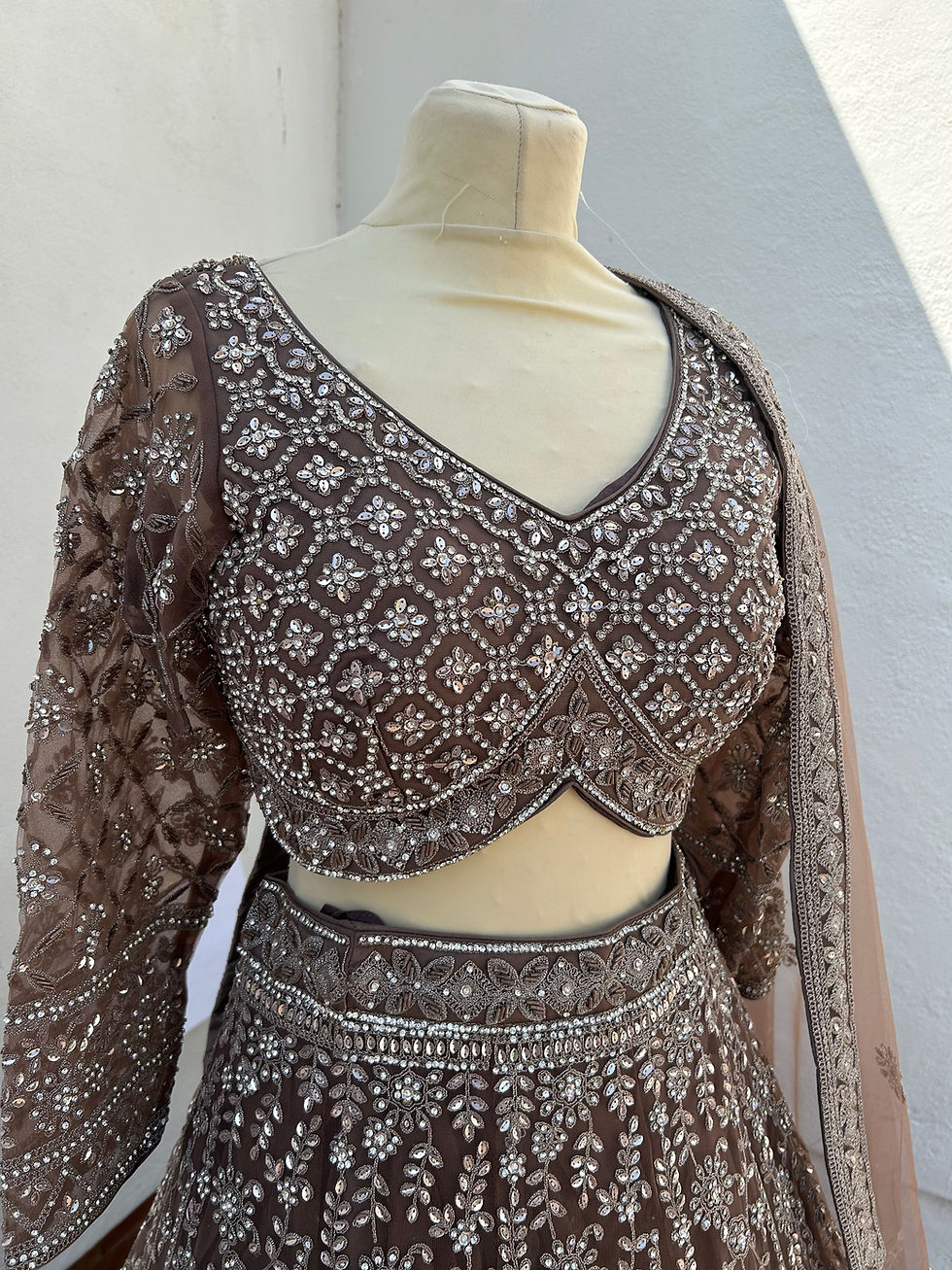 Thumbnail: Heavy threadwork with sequin/stonework & mirrors lengha choli 