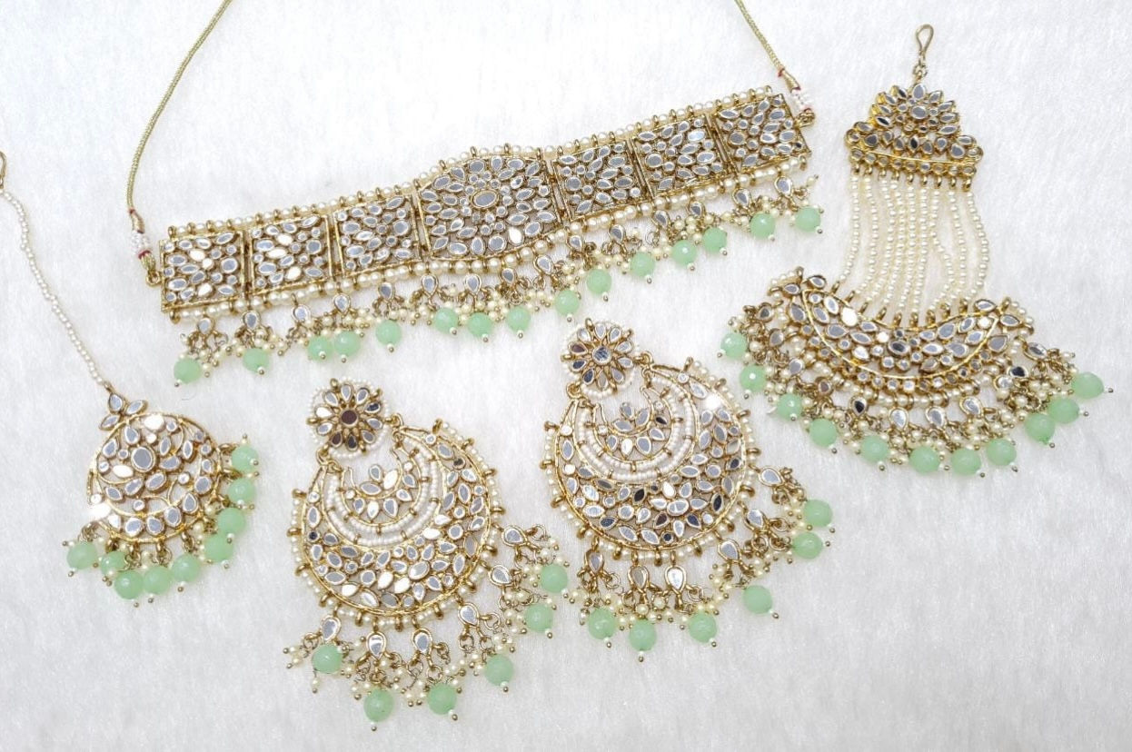 Mirror/Pearl choker set with statement earrings/tikka & jhumar passa