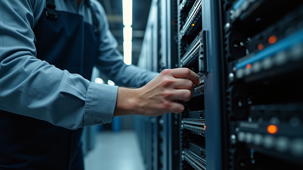 Close-up view of a technician working on a network switch in a server rack